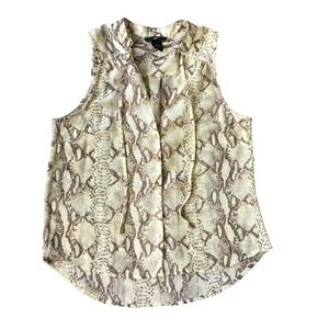 H&M Top Women 2 XS Sleeveless Sheer Chiffon Reptile Animal Print Tie Neck Cream‎